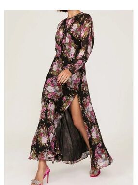LoveShackFancy Dress Womens 2 Black Pink Floral Daya Gown Side Slit